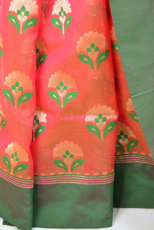 Banarasee Handloom Cotton Silk Saree With Zari Buta & Satin Border-Peach