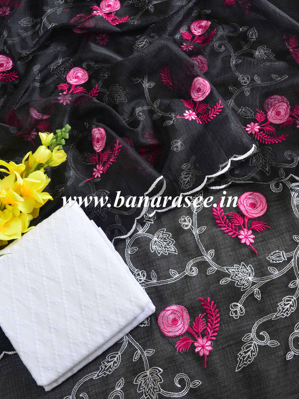 Banarase Kota Doria Heavy Hand-Embroidered Salwar Kameez Dupatta Set-Black