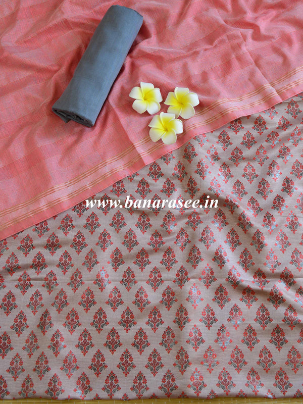 Banarasee Brocade Salwar Kameez Fabric With Cotton Silk Dupatta-Grey & Peach