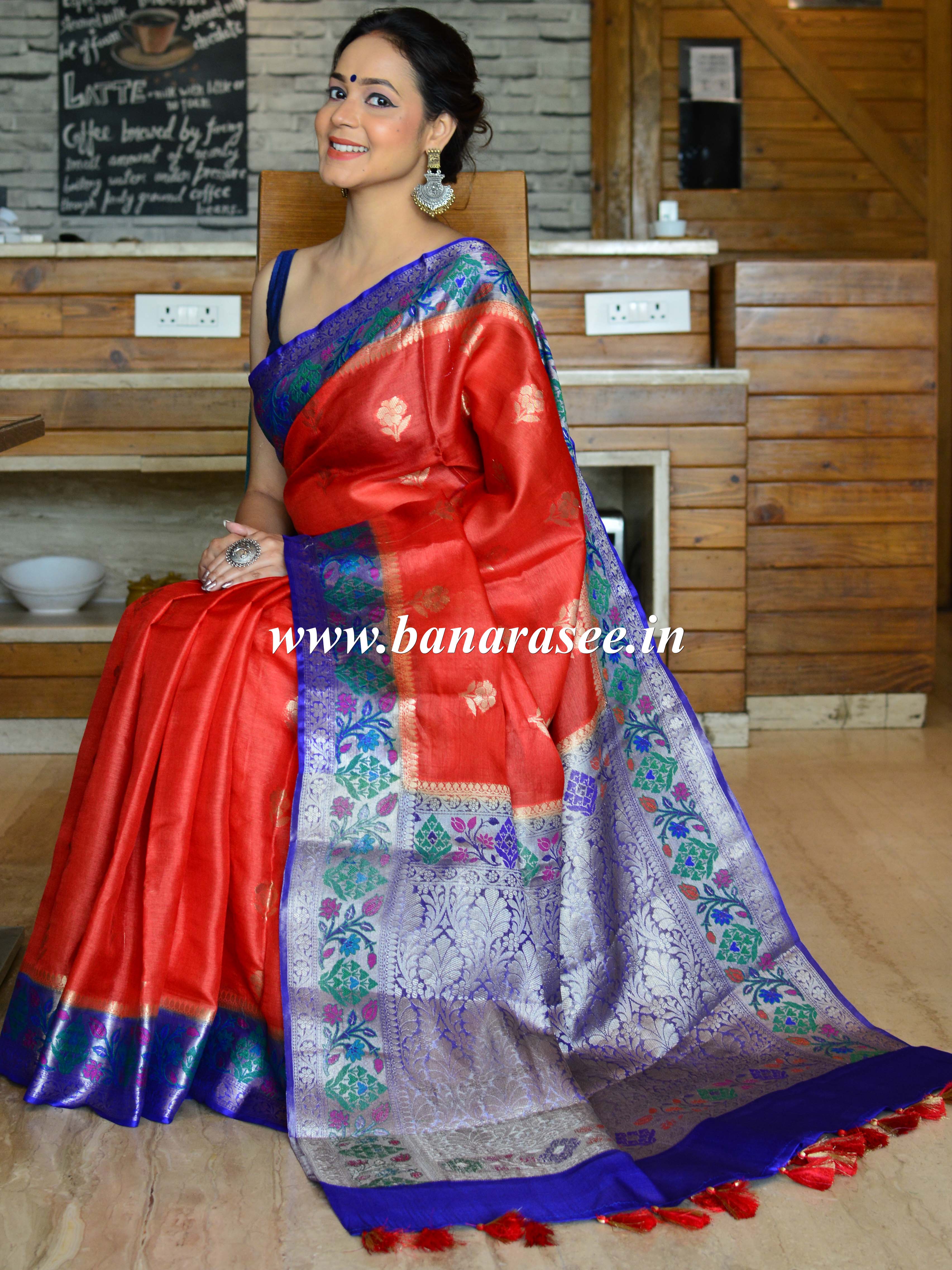 Banarasee Handwoven Pure Tussar Silk Sari With Zari Buta & Contrast Border-Red & Blue