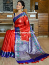 Banarasee Handwoven Pure Tussar Silk Sari With Zari Buta & Contrast Border-Red & Blue