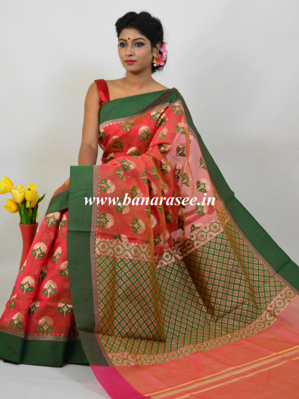 Banarasee Handloom Cotton Silk Saree With Zari Buta & Satin Border-Peach