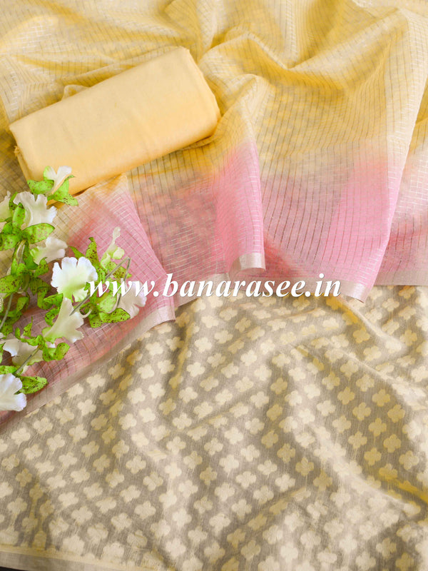 Banarasee Cotton Silk Resham Buti Salwar Kameez Fabric With Ombre Dyed Dupatta-Pink & Yellow