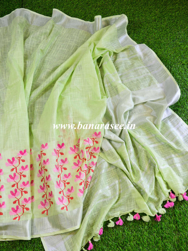 Bhagalpuri Handloom Pure Linen Saree With Embroidery Work-Pastel Green