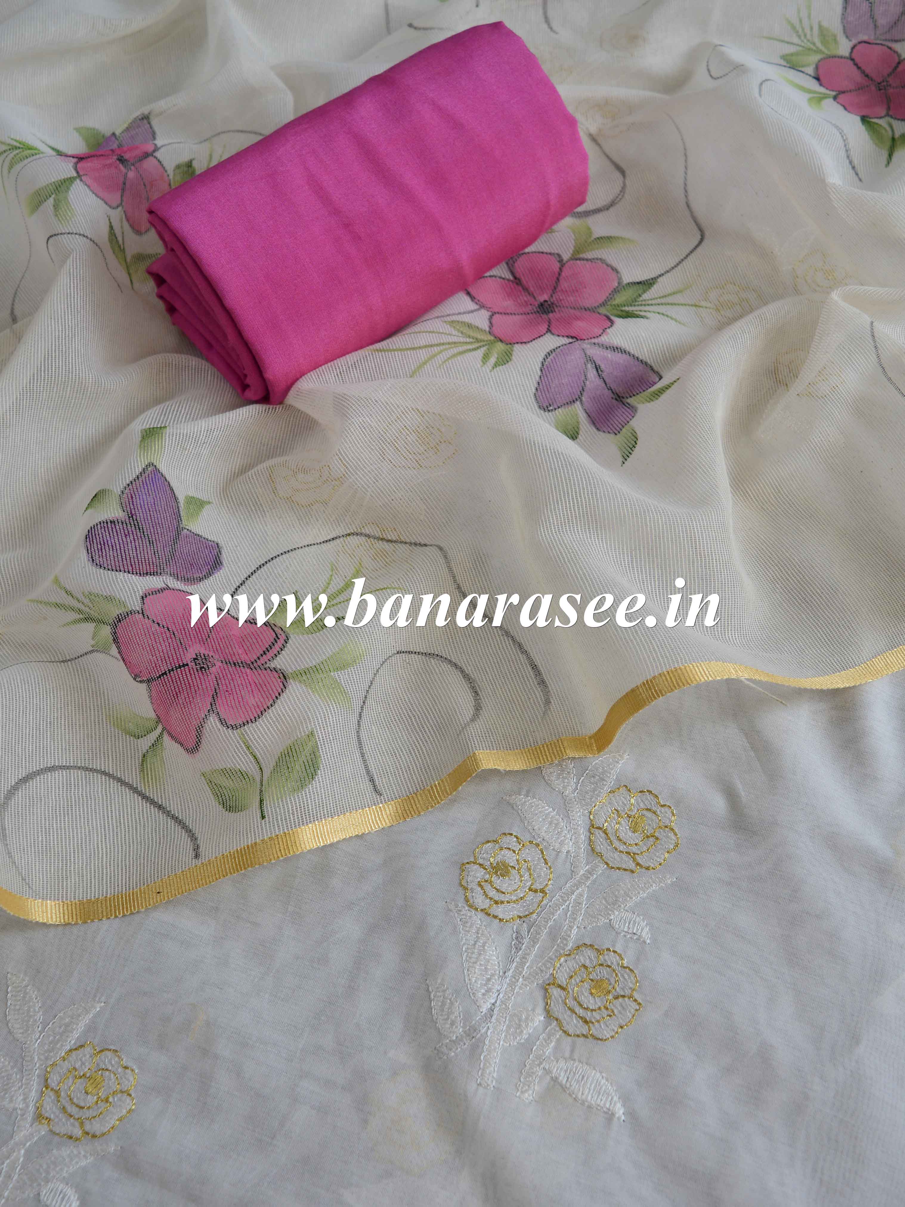 Banarasee Hand-Embroidery Chanderi Cotton Salwar Kameez Fabric With Hand-painted Dupatta-White
