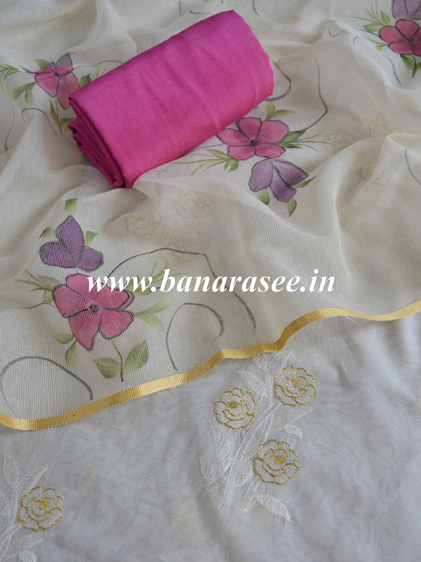 Banarasee Hand-Embroidery Chanderi Cotton Salwar Kameez Fabric With Hand-painted Dupatta-White