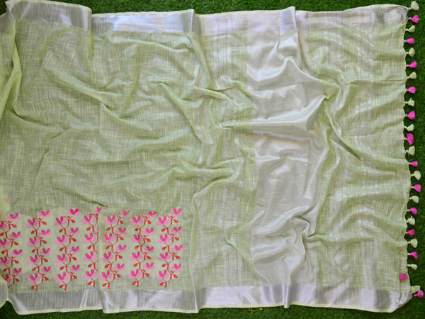 Bhagalpuri Handloom Pure Linen Saree With Embroidery Work-Pastel Green