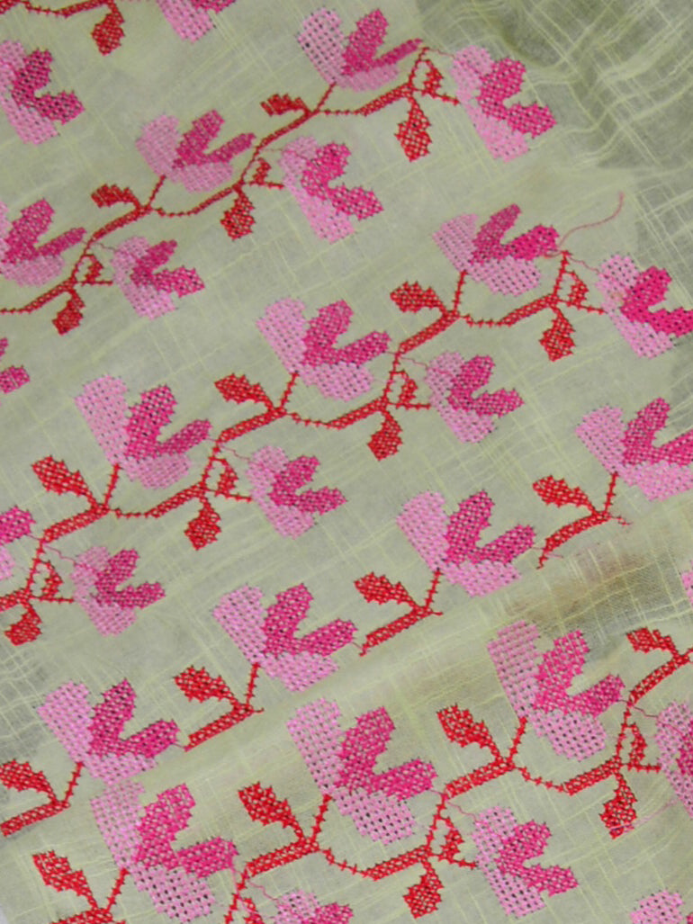 Bhagalpuri Handloom Pure Linen Saree With Embroidery Work-Pastel Green