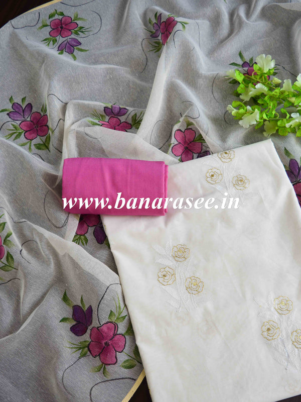 Banarasee Hand-Embroidery Chanderi Cotton Salwar Kameez Fabric With Hand-painted Dupatta-White