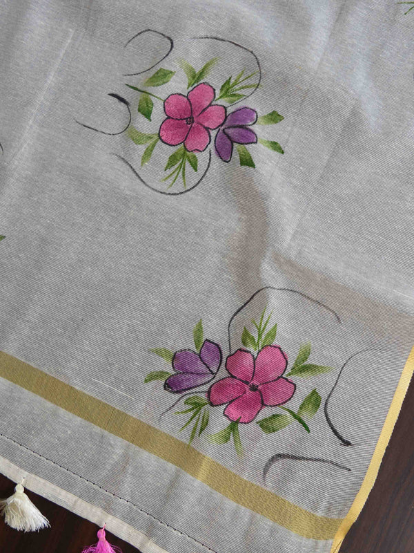 Banarasee Hand-Embroidery Chanderi Cotton Salwar Kameez Fabric With Hand-painted Dupatta-White
