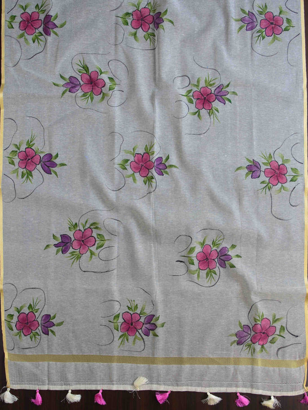 Banarasee Hand-Embroidery Chanderi Cotton Salwar Kameez Fabric With Hand-painted Dupatta-White