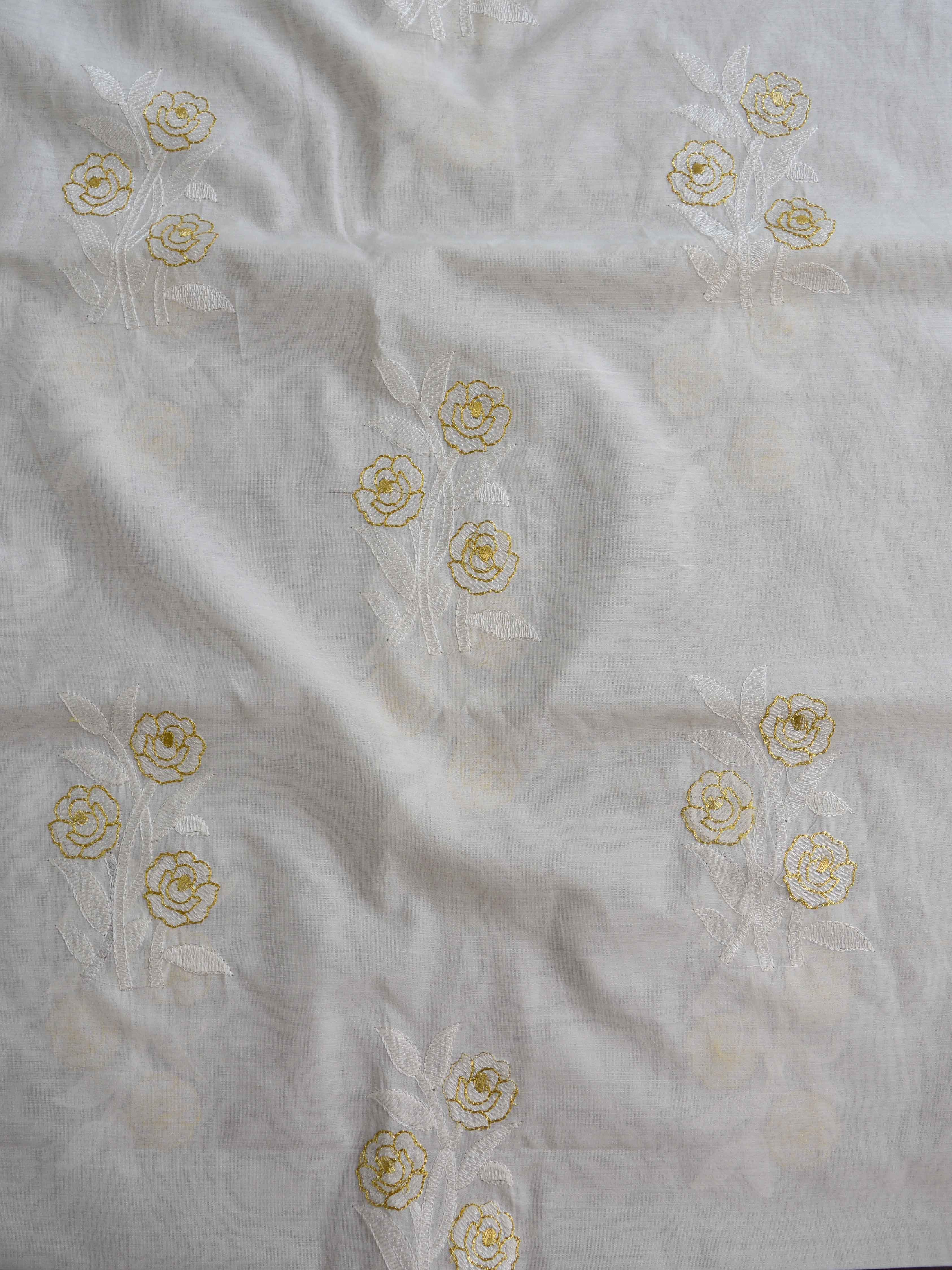 Banarasee Hand-Embroidery Chanderi Cotton Salwar Kameez Fabric With Hand-painted Dupatta-White