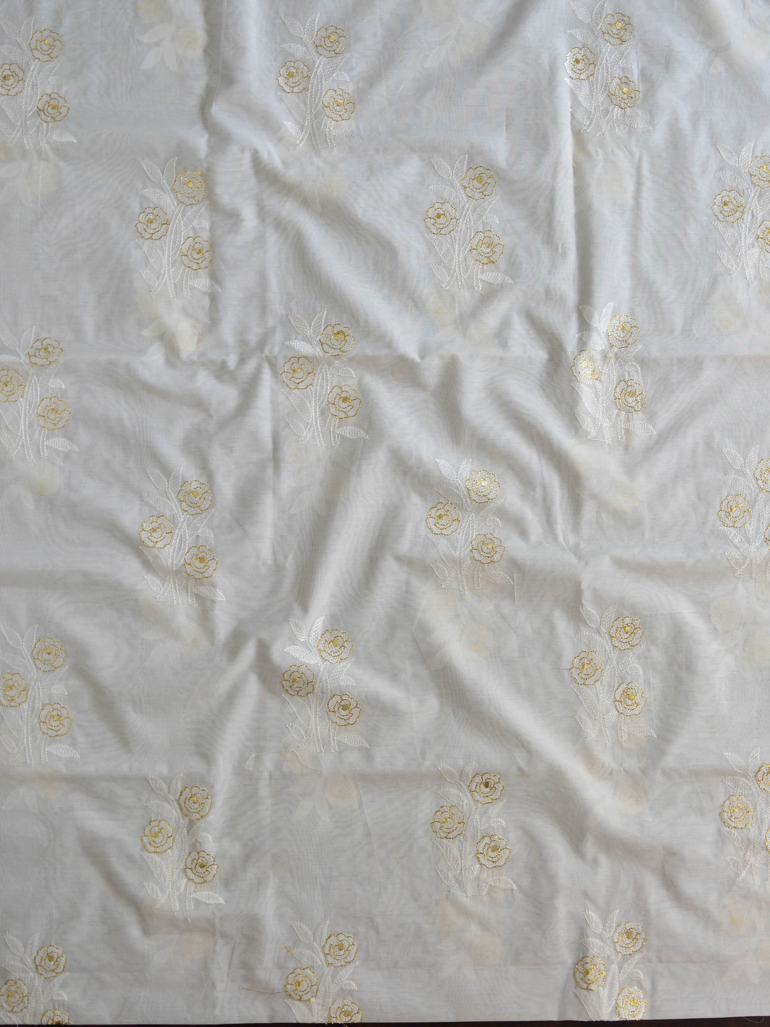 Banarasee Hand-Embroidery Chanderi Cotton Salwar Kameez Fabric With Hand-painted Dupatta-White