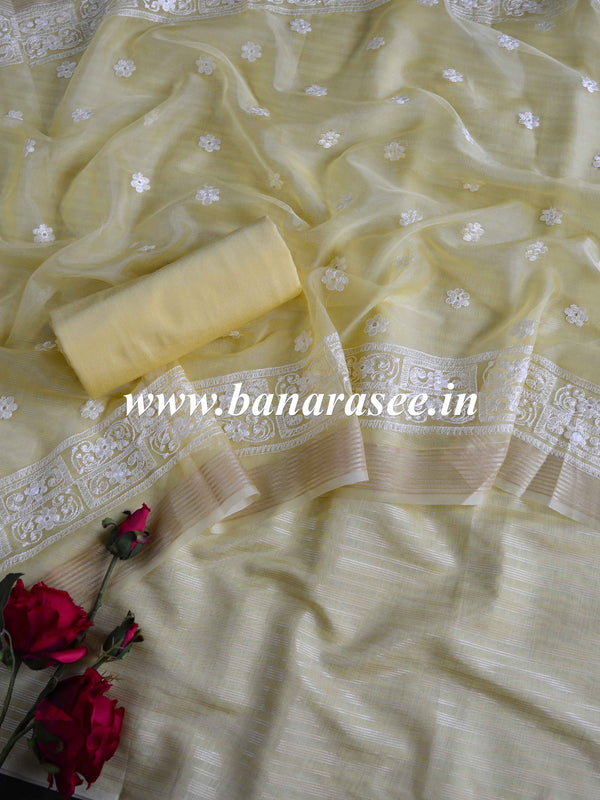 Banarasee Cotton Silk Stripes Salwar Kameez Fabric With Organza Embroidered Dupatta-Yellow