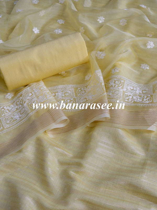 Banarasee Cotton Silk Stripes Salwar Kameez Fabric With Organza Embroidered Dupatta-Yellow