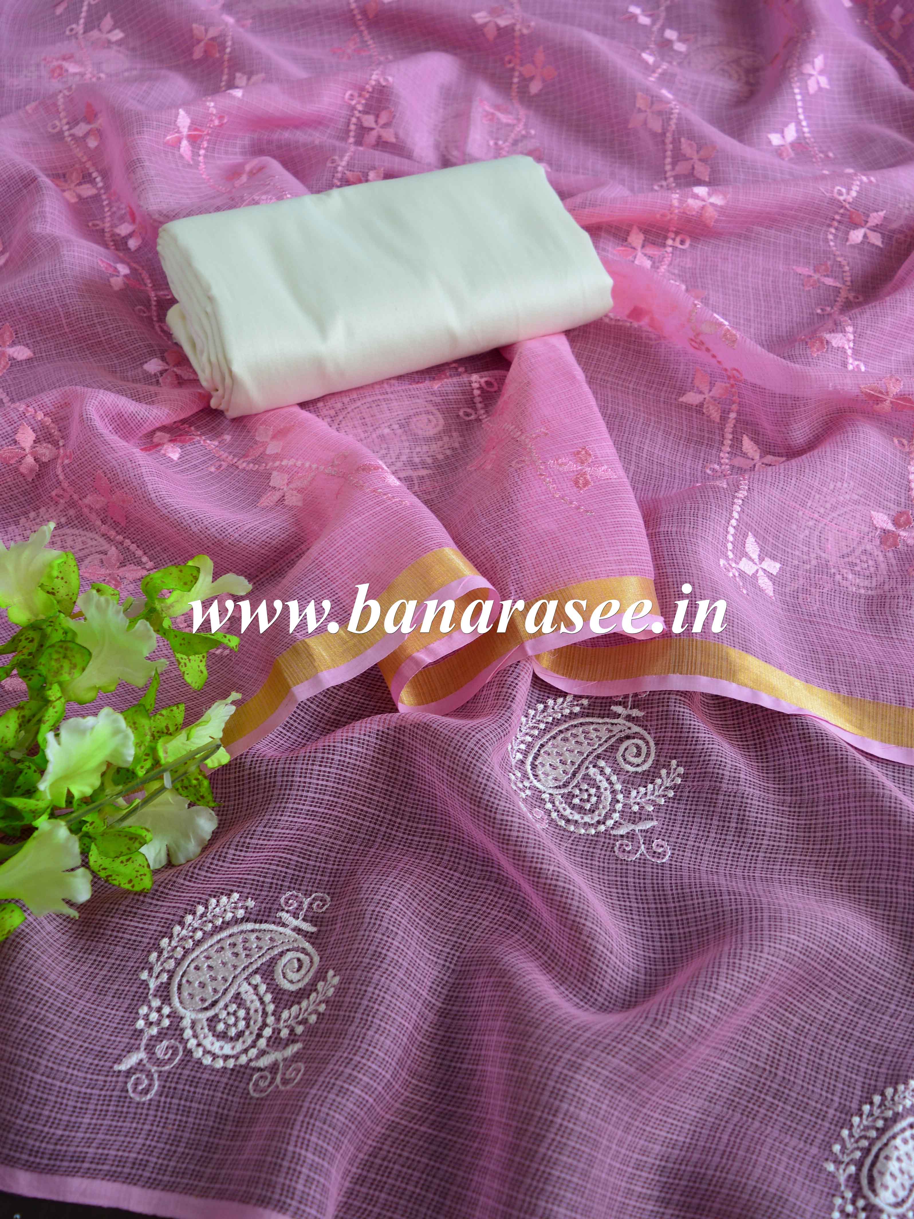 Banarasee Salwar Kameez Kota Checks Embroidered Motif Fabric With Dupatta-Pink