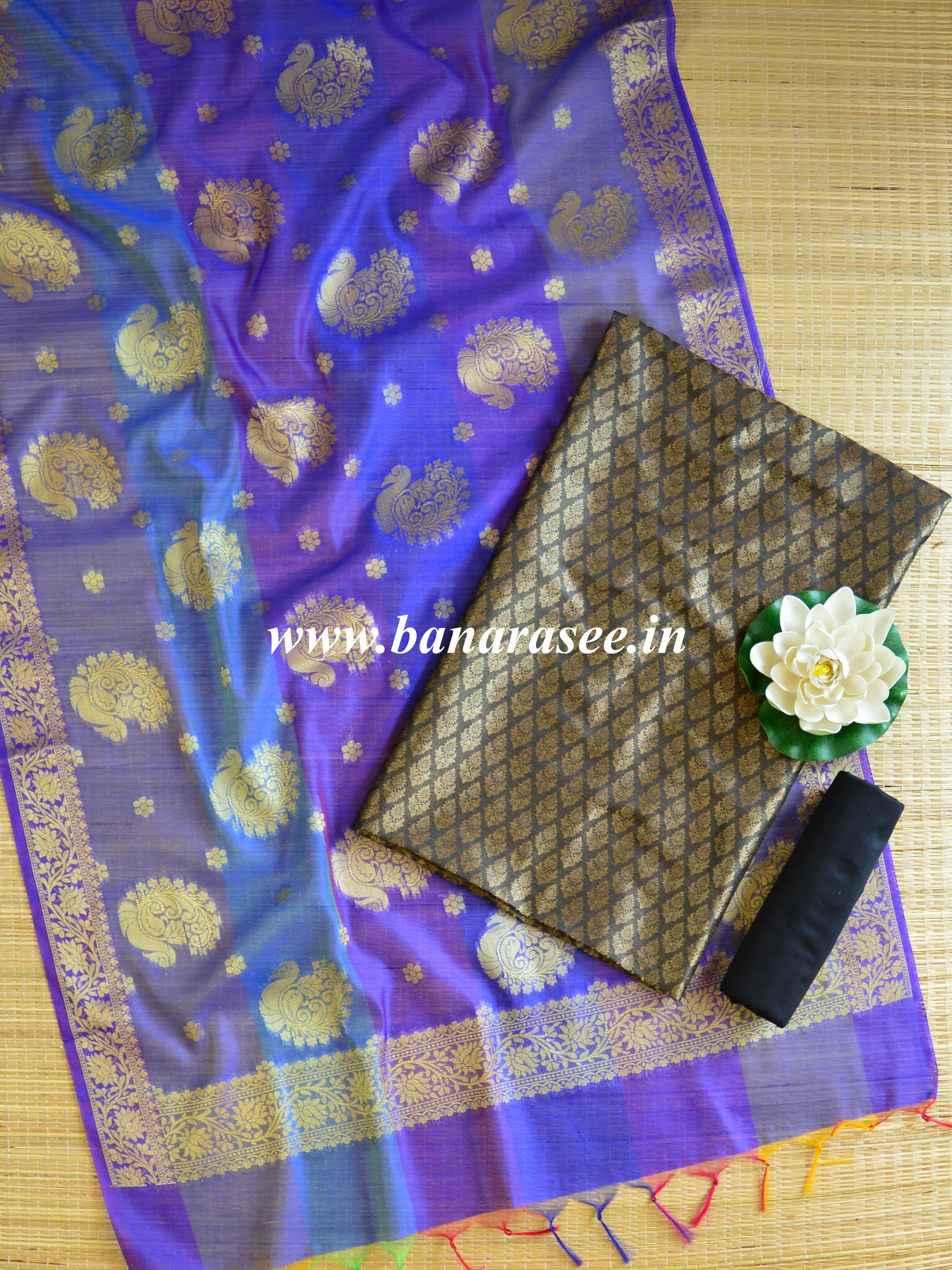 Banarasee Brocade Salwar Kameez Fabric With Cotton Silk Dupatta-Black & Blue