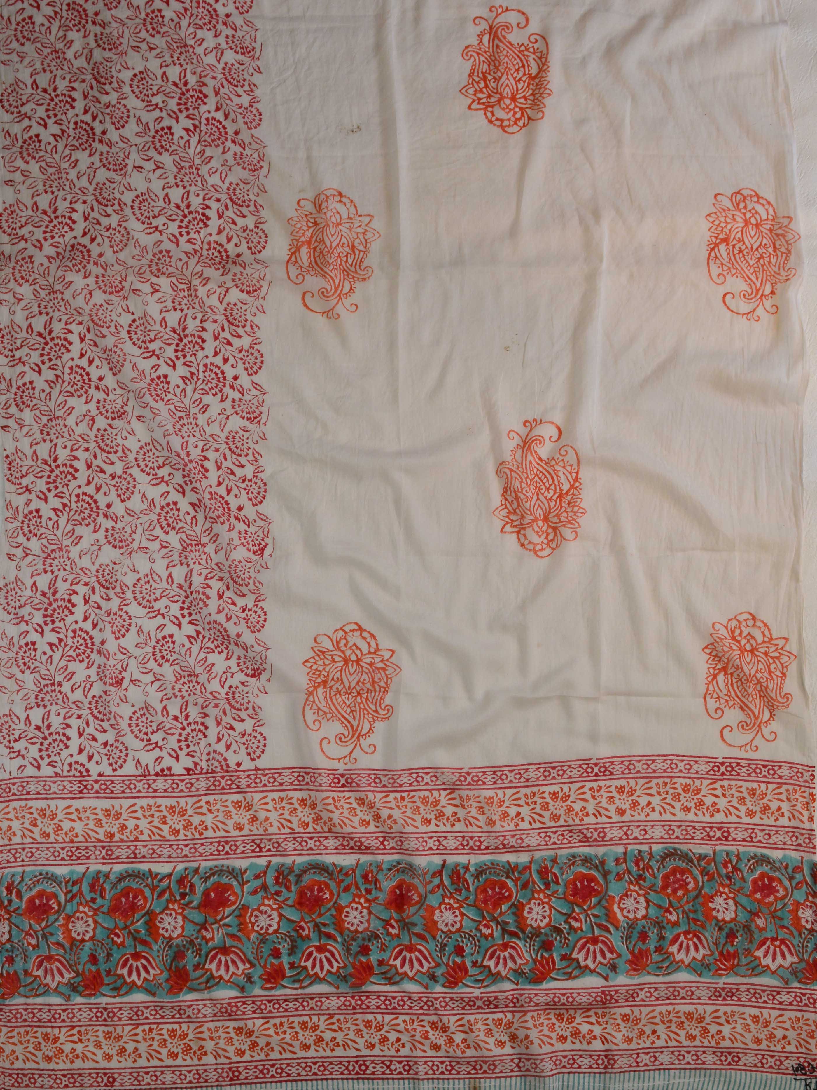 Handloom Mul Cotton Handblock Printed Suit Set-White & Green