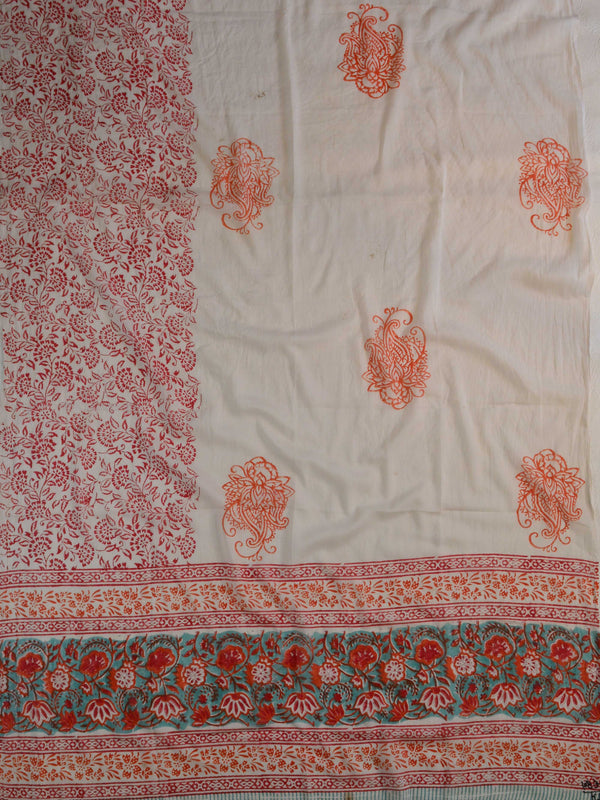 Handloom Mul Cotton Handblock Printed Suit Set-White & Green