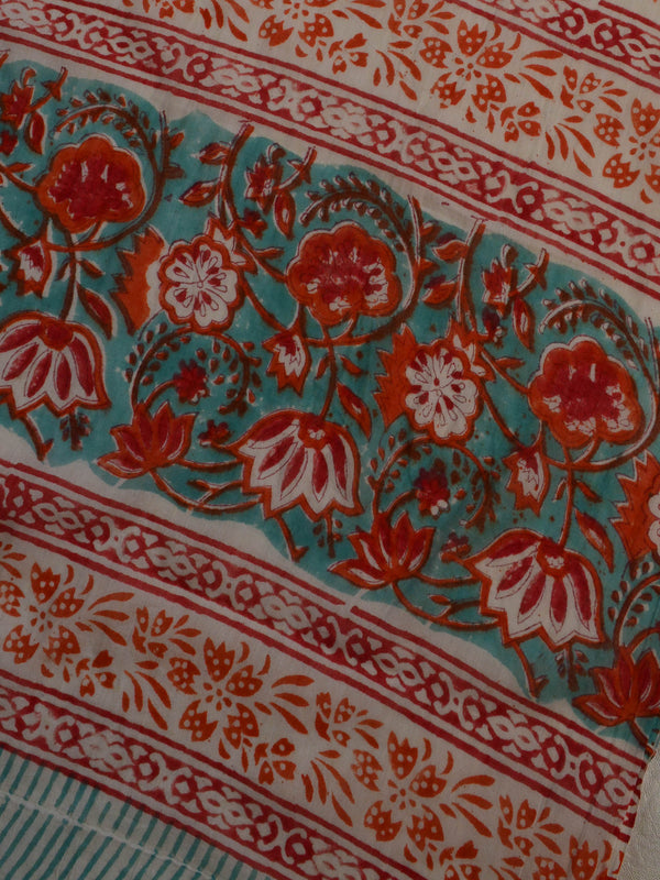 Handloom Mul Cotton Handblock Printed Suit Set-White & Green