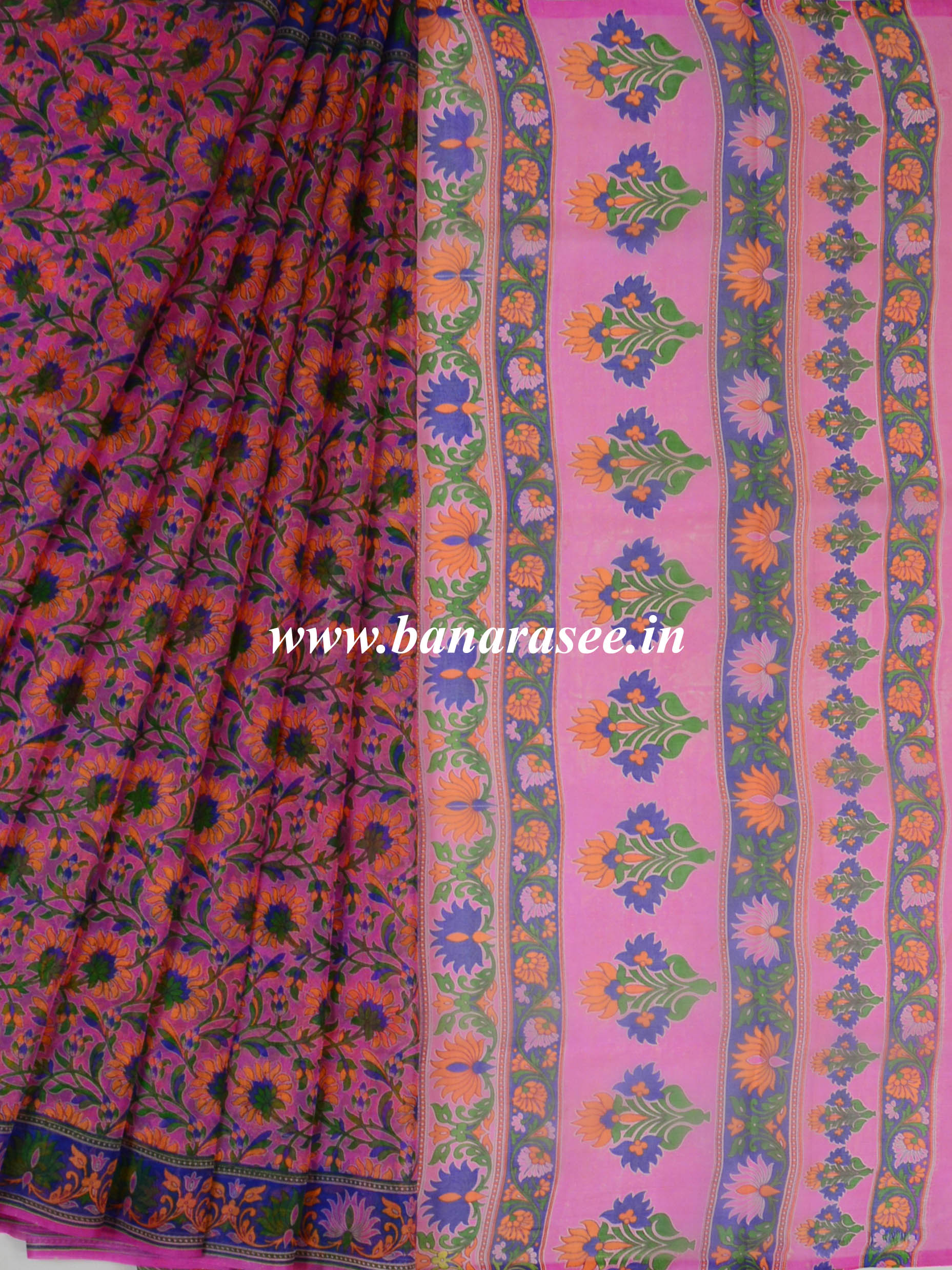 Banarasee Pure Organza Silk Saree With Block Print-Pink