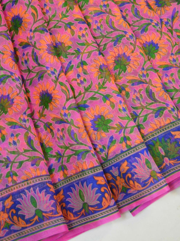 Banarasee Pure Organza Silk Saree With Block Print-Pink