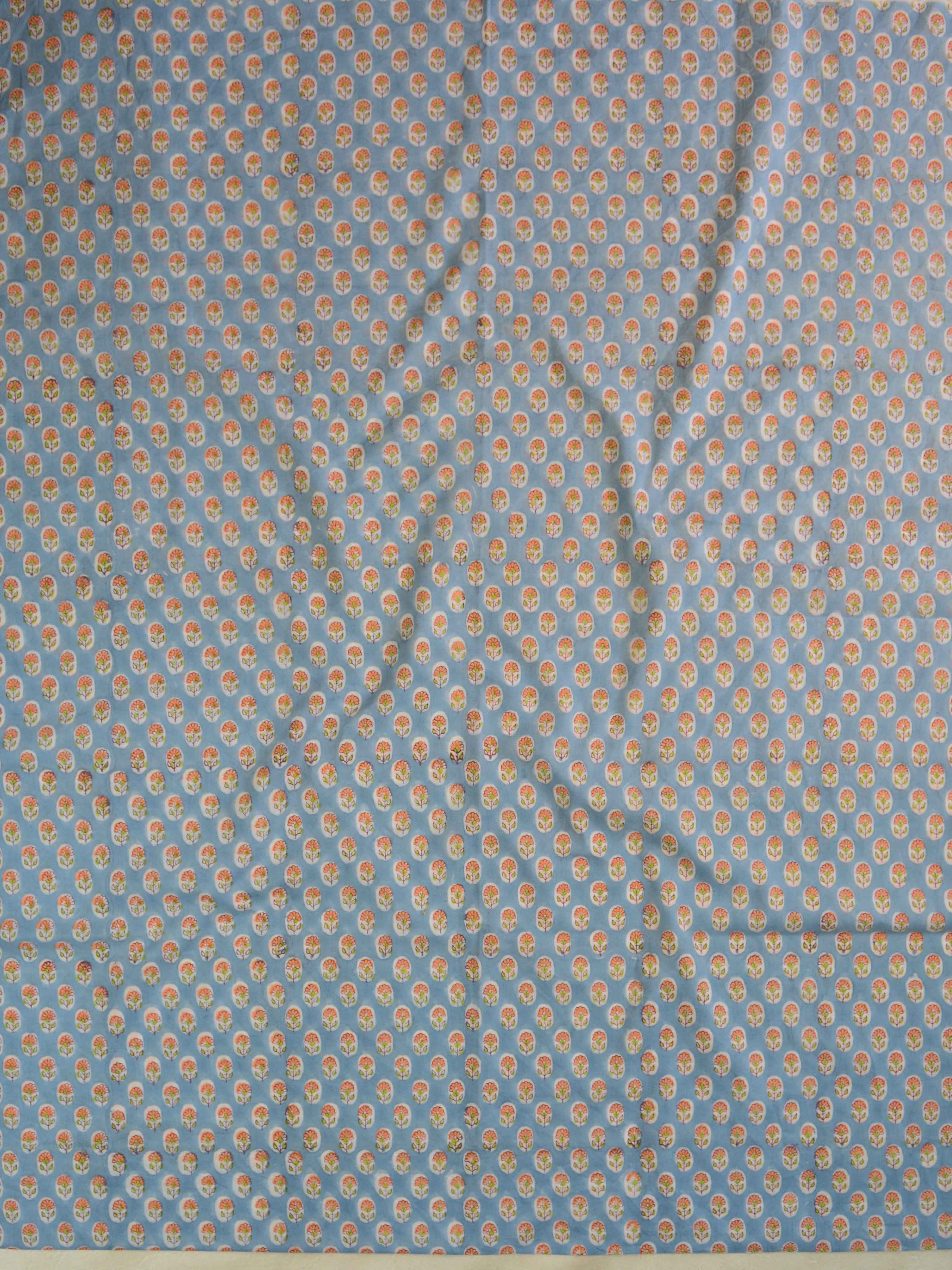 Handloom Mul Cotton Handblock Printed Suit Set-Sky Blue & White
