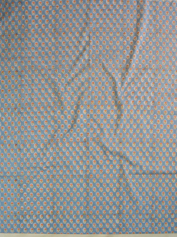 Handloom Mul Cotton Handblock Printed Suit Set-Sky Blue & White