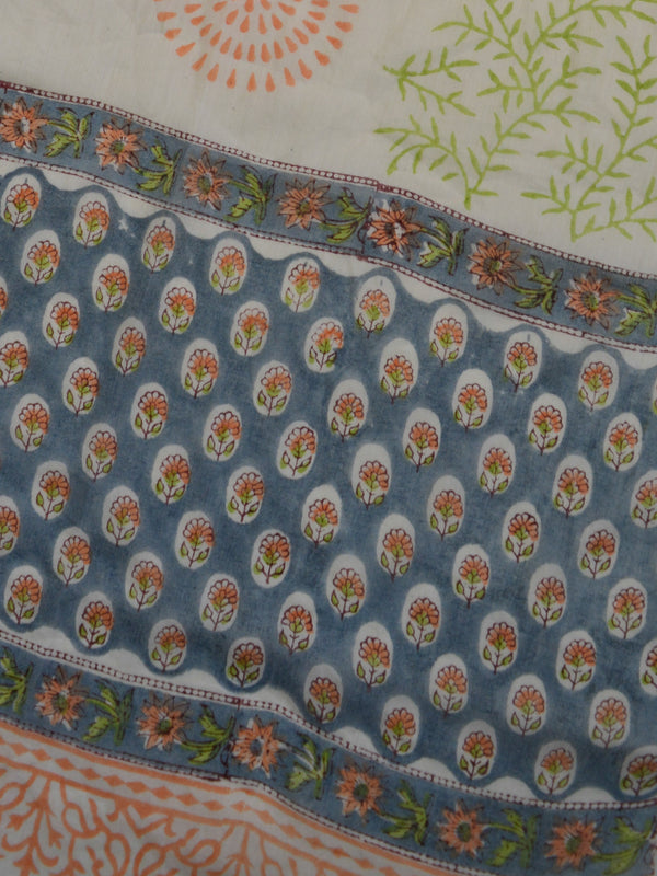 Handloom Mul Cotton Handblock Printed Suit Set-Sky Blue & White