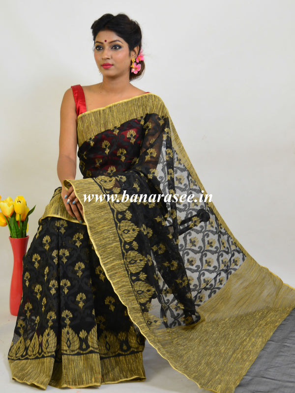 Banarasee Handloom Net Saree With Ghichha Work-Black