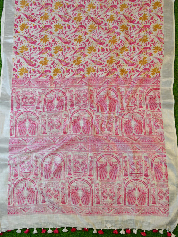 Bhagalpuri Handloom Pure Linen Block Printed Saree-White