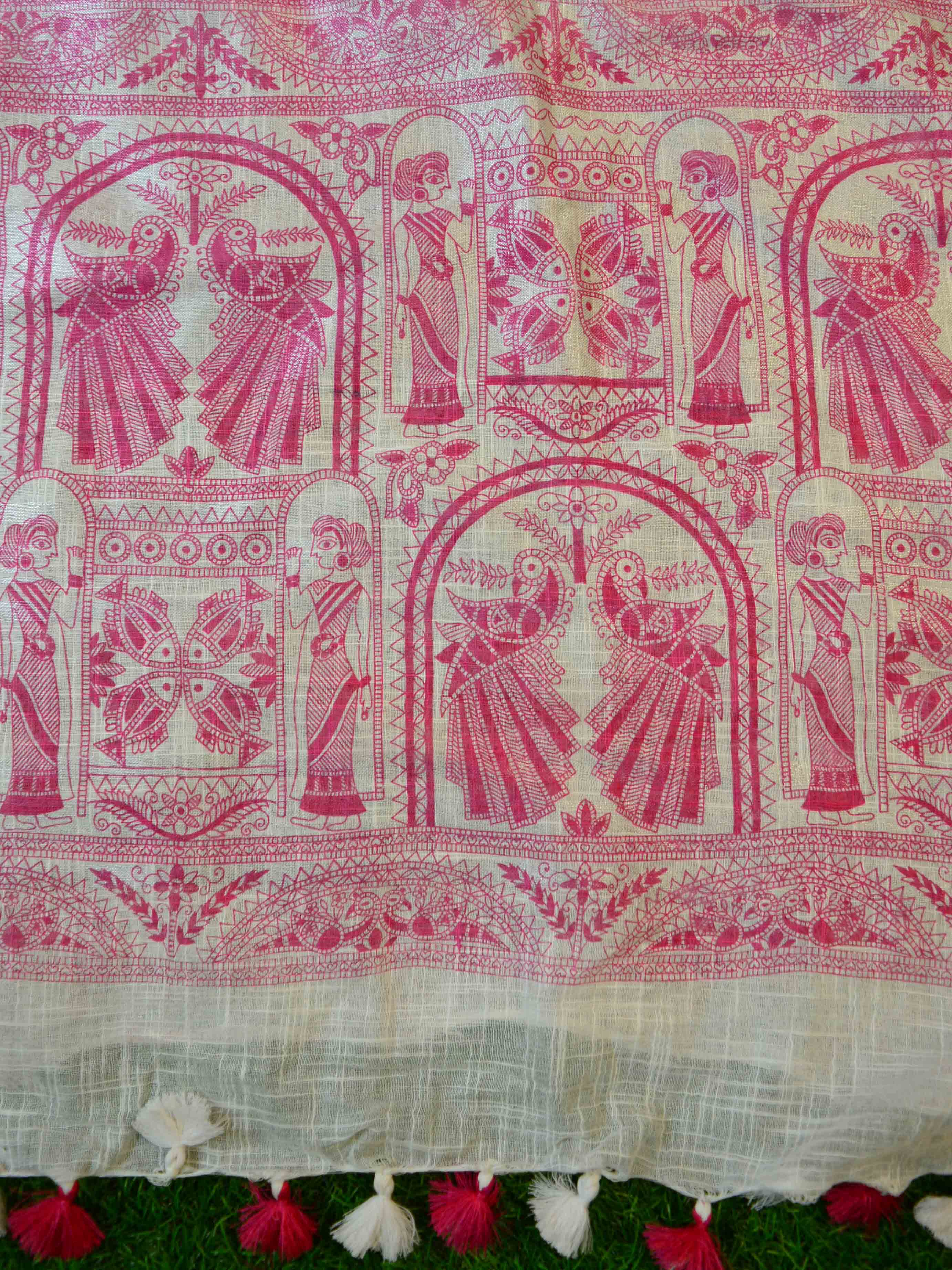Bhagalpuri Handloom Pure Linen Block Printed Saree-White