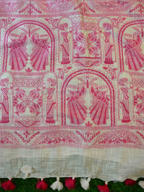 Bhagalpuri Handloom Pure Linen Block Printed Saree-White