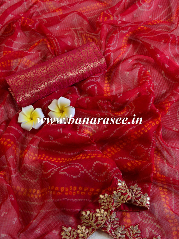 Banarasee Pure Chiffon Leheriya Saree With Hand-Embroidered Gotapatti Work & Silk Blouse-Red