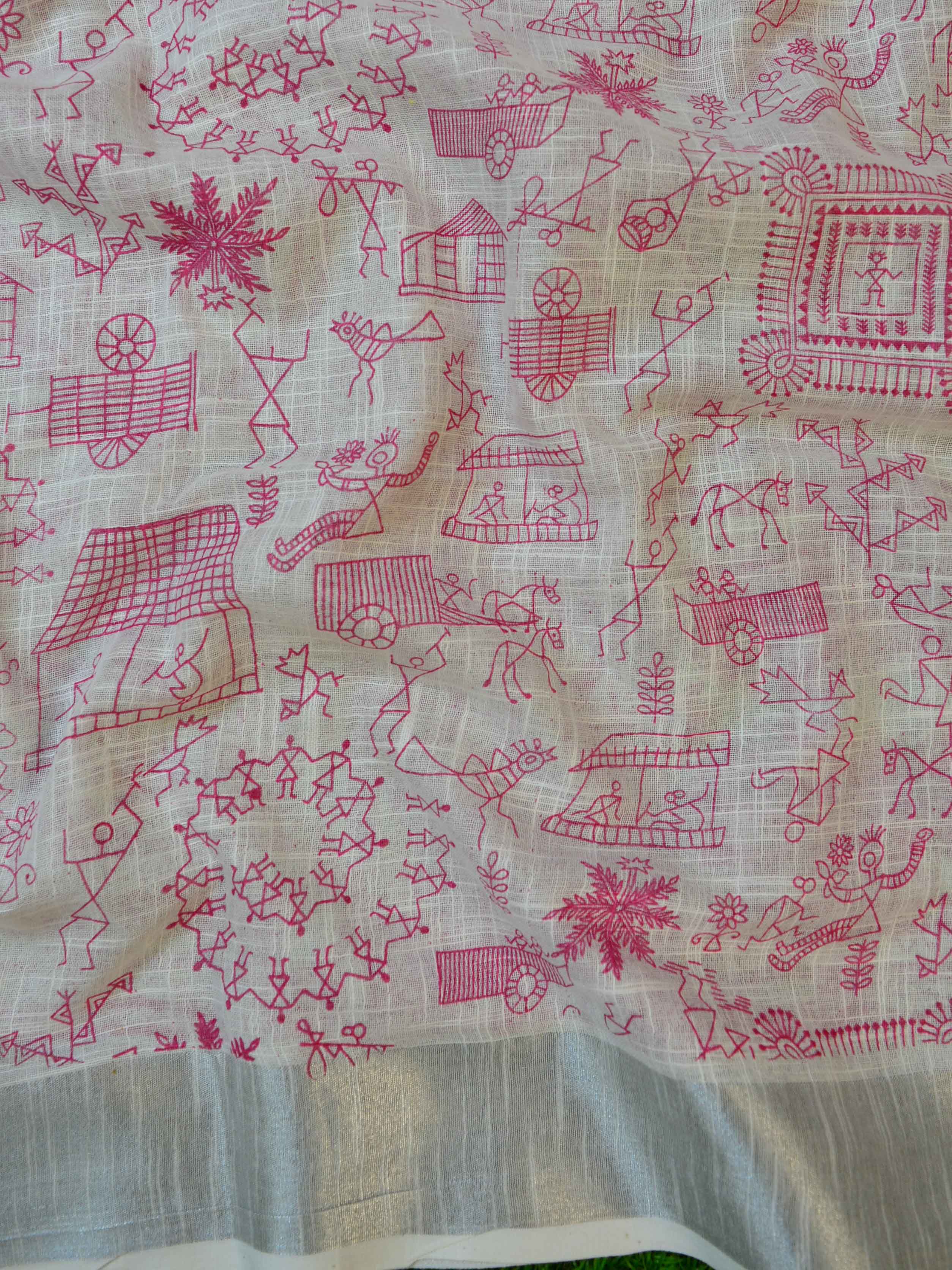 Bhagalpuri Handloom Pure Linen Block Printed Saree-White