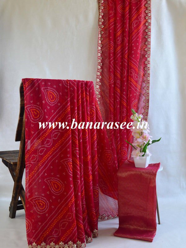 Banarasee Pure Chiffon Leheriya Saree With Hand-Embroidered Gotapatti Work & Silk Blouse-Red