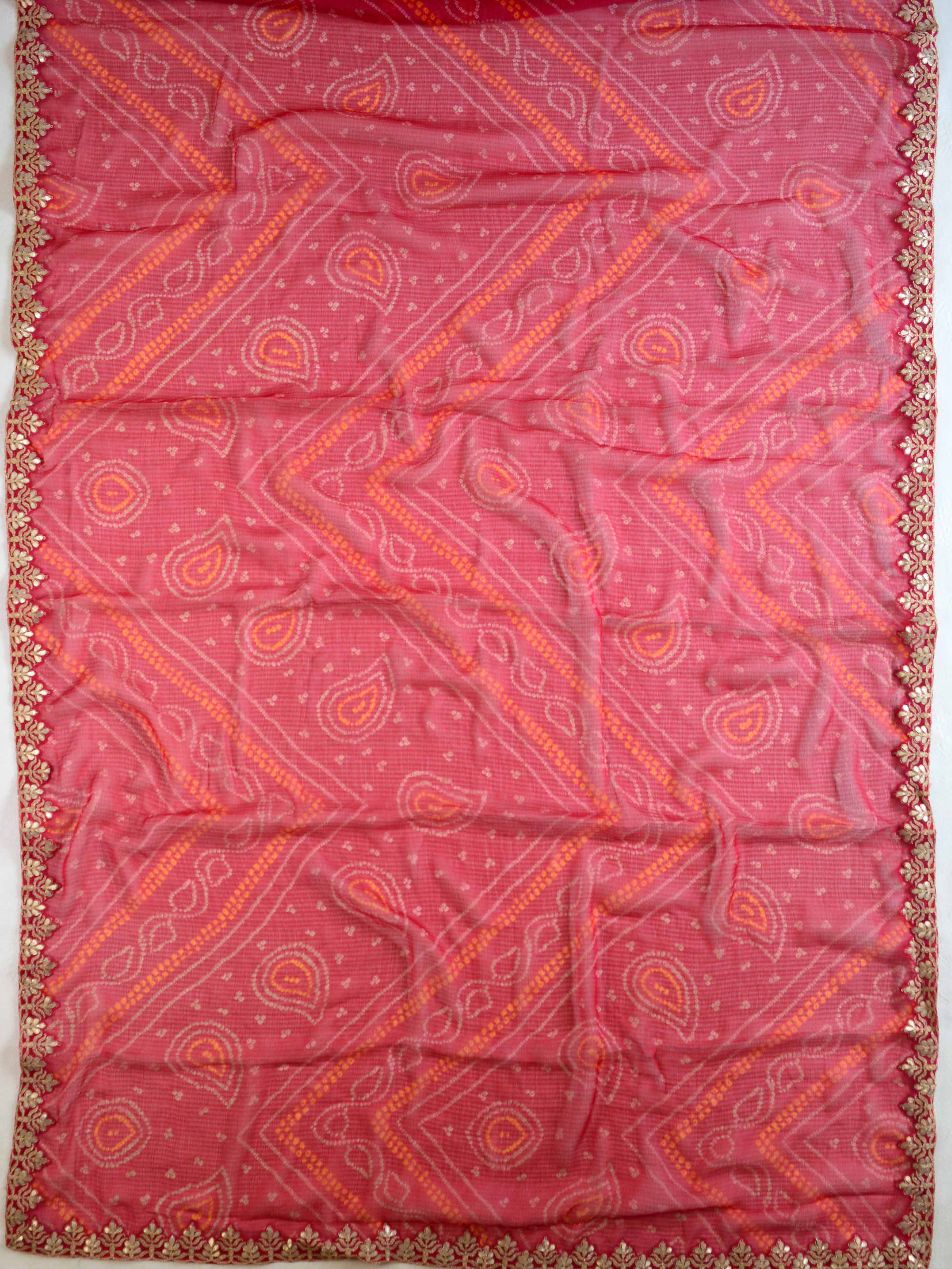Banarasee Pure Chiffon Leheriya Saree With Hand-Embroidered Gotapatti Work & Silk Blouse-Red