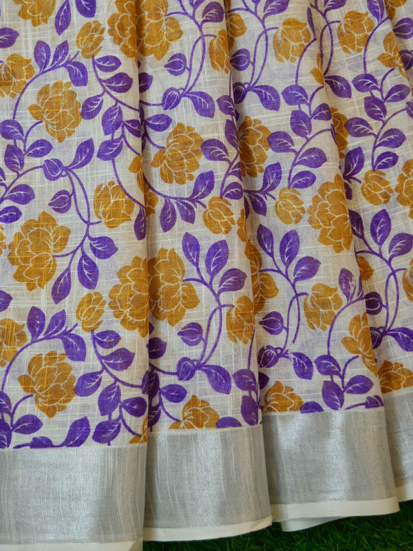 Bhagalpuri Handloom Pure Linen Block Printed Saree-White