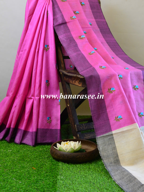 Bhagalpur Handwoven Semi-Tussar Silk Sari With Ghichha Pallu-Pink