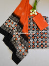 Pure Handloom Mul Cotton Batik Suit Set-Orange & White