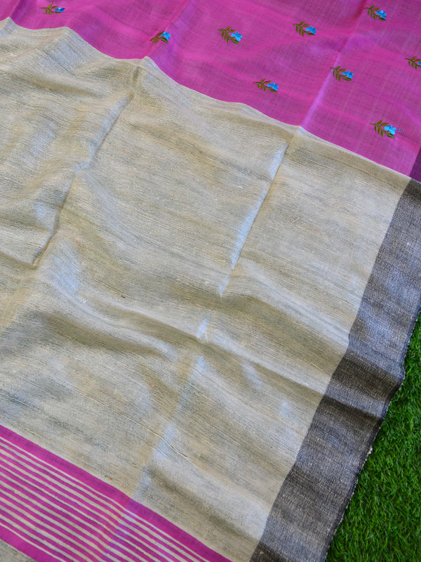 Bhagalpur Handwoven Semi-Tussar Silk Sari With Ghichha Pallu-Pink