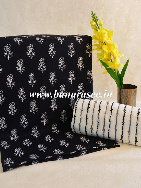 Handloom Mul Cotton Kameez & Bottom Set-Black & White