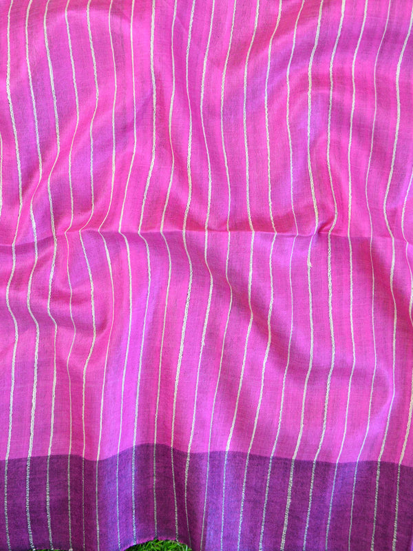 Bhagalpur Handwoven Semi-Tussar Silk Sari With Ghichha Pallu-Pink