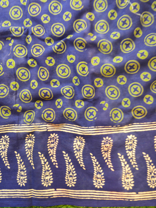 Handloom Mul Cotton Bagru Print Saree-Indigo