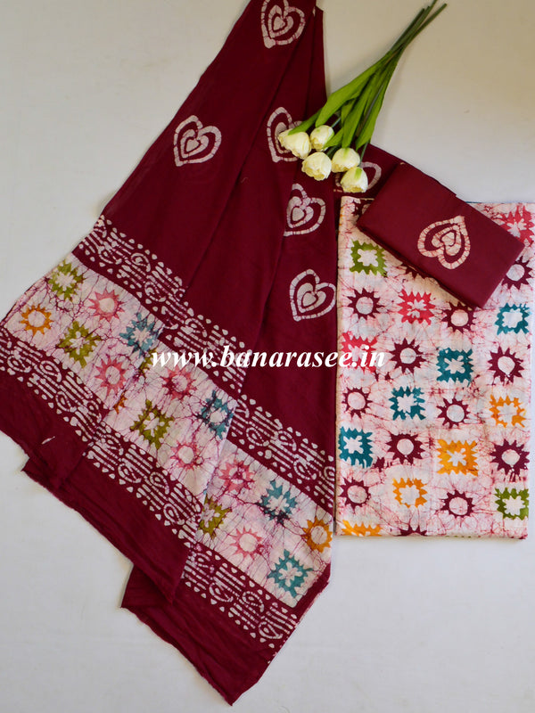 Pure Handloom Mul Cotton Batik Suit Set-Maroon & White