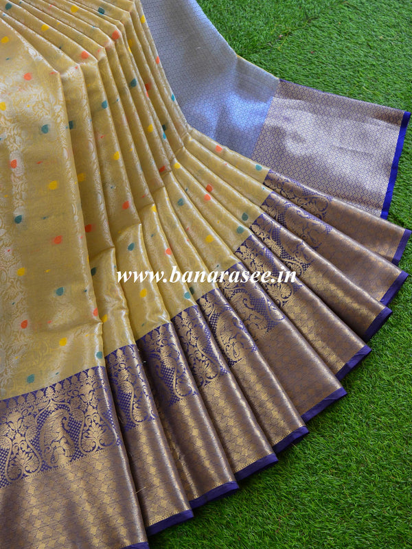 Banarasee Kora Muslin Saree With Tanchoi Design & Skirt Border-Gold & Violet
