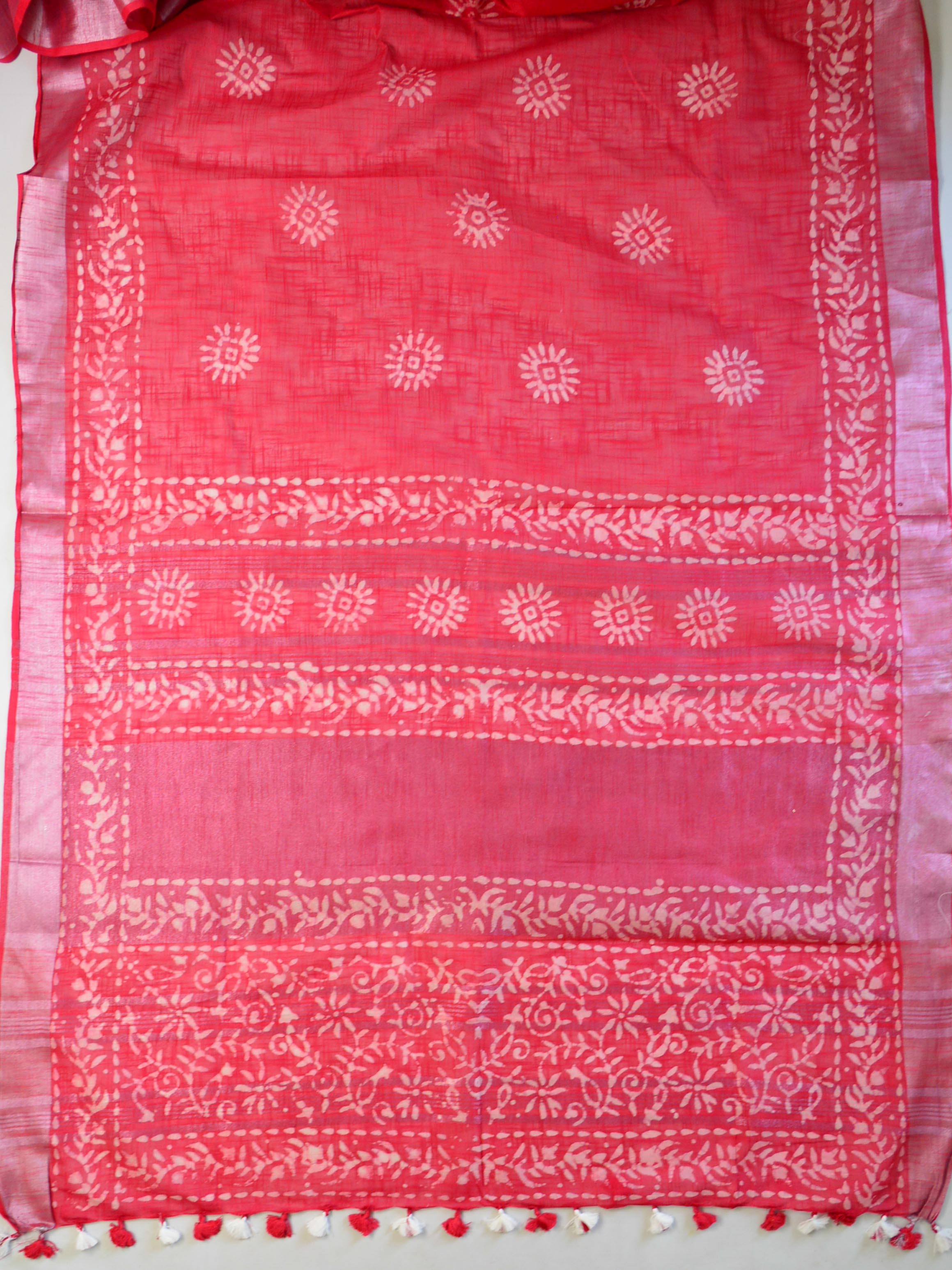 Bhagalpur Handloom Pure Linen Cotton Hand-Dyed Batik Pattern Saree & Ikkat Blouse-Red