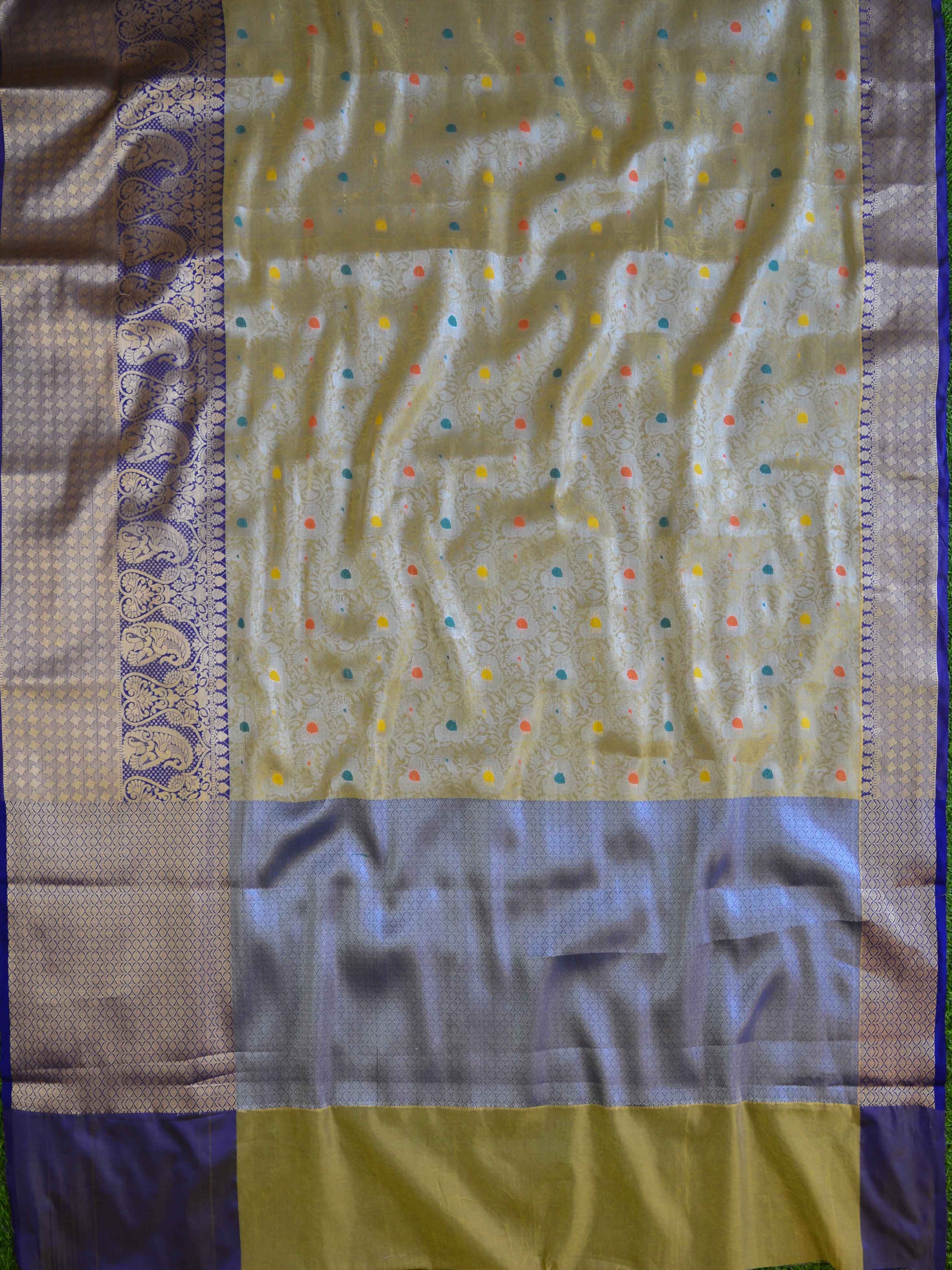 Banarasee Kora Muslin Saree With Tanchoi Design & Skirt Border-Gold & Violet