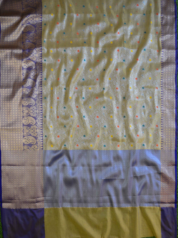 Banarasee Kora Muslin Saree With Tanchoi Design & Skirt Border-Gold & Violet