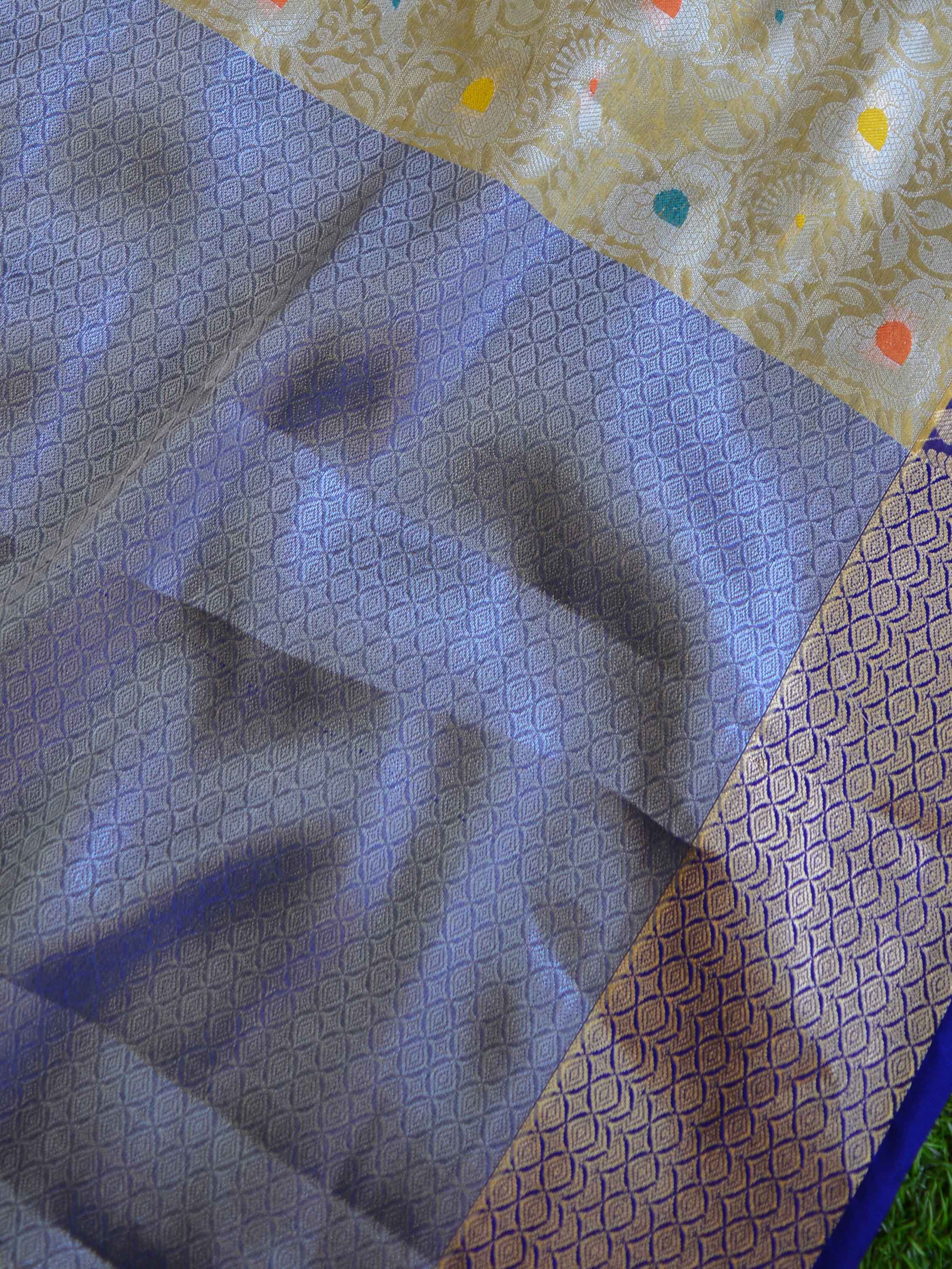 Banarasee Kora Muslin Saree With Tanchoi Design & Skirt Border-Gold & Violet
